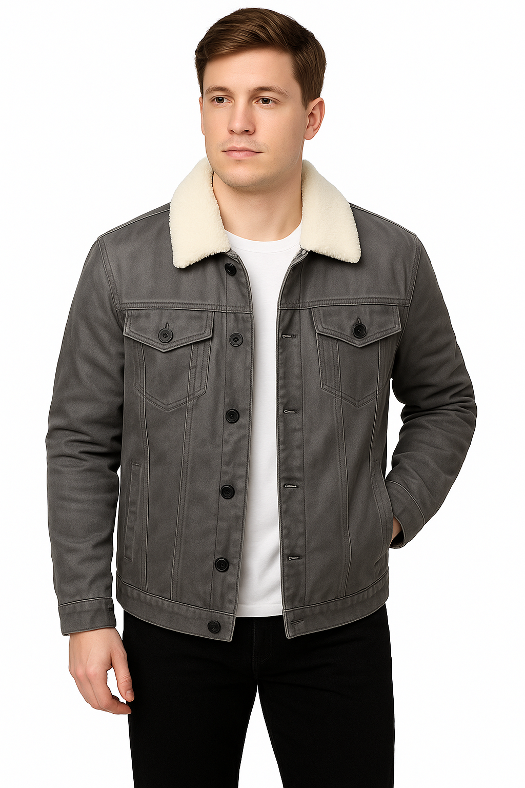 Jaqueta Masculina Cinza Gola de Lã Saint James