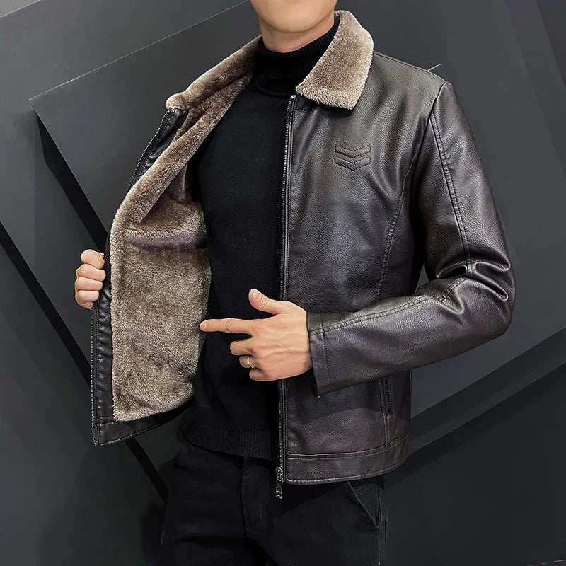 Jaqueta Masculina de Couro Genuíno Forrada Preta 