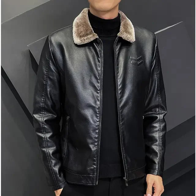Jaqueta Masculina de Couro Genuíno Forrada Preta 