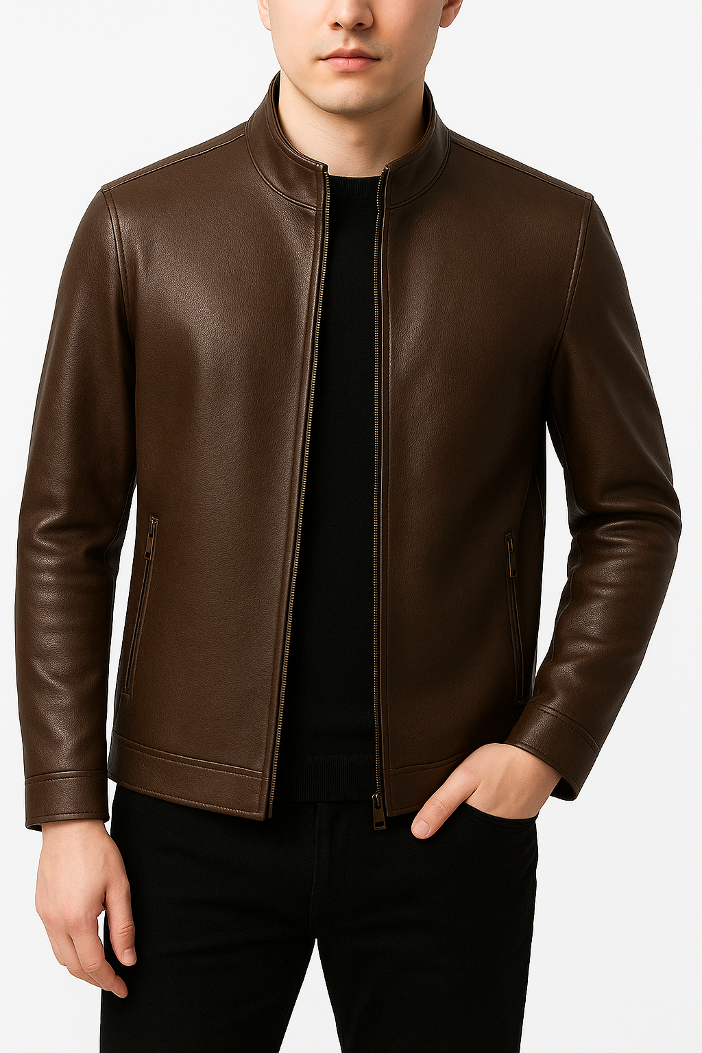 Jaqueta Zíper Marrom de Couro Preta Masculina Inverno Saint James