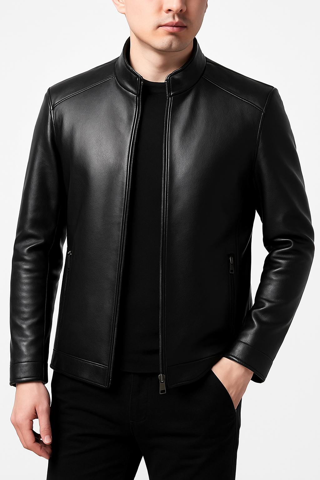 Jaqueta Zíper de Couro Preta Masculina Inverno Saint James