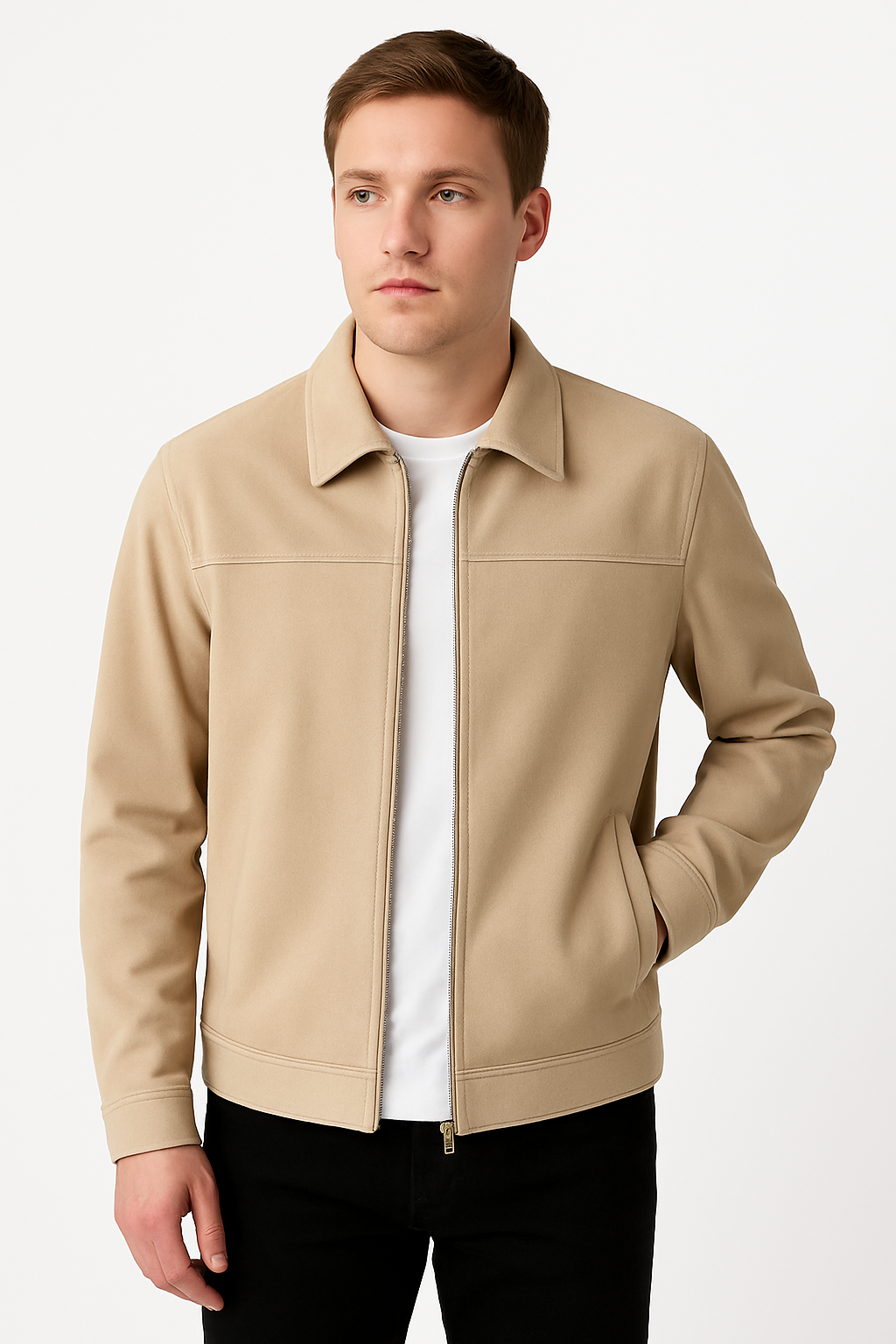 Jaqueta de Couro Camurça Bege Masculina Saint James