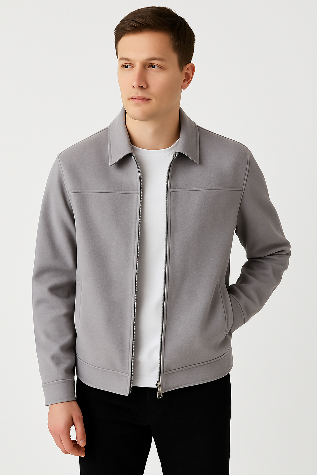 Jaqueta de Couro Camurça Cinza Masculina Saint James