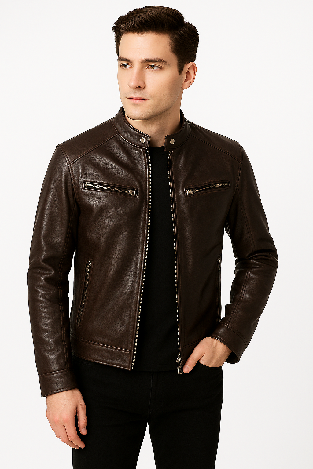 Jaqueta de Couro  Marom Motoqueiro Masculina Saint James 